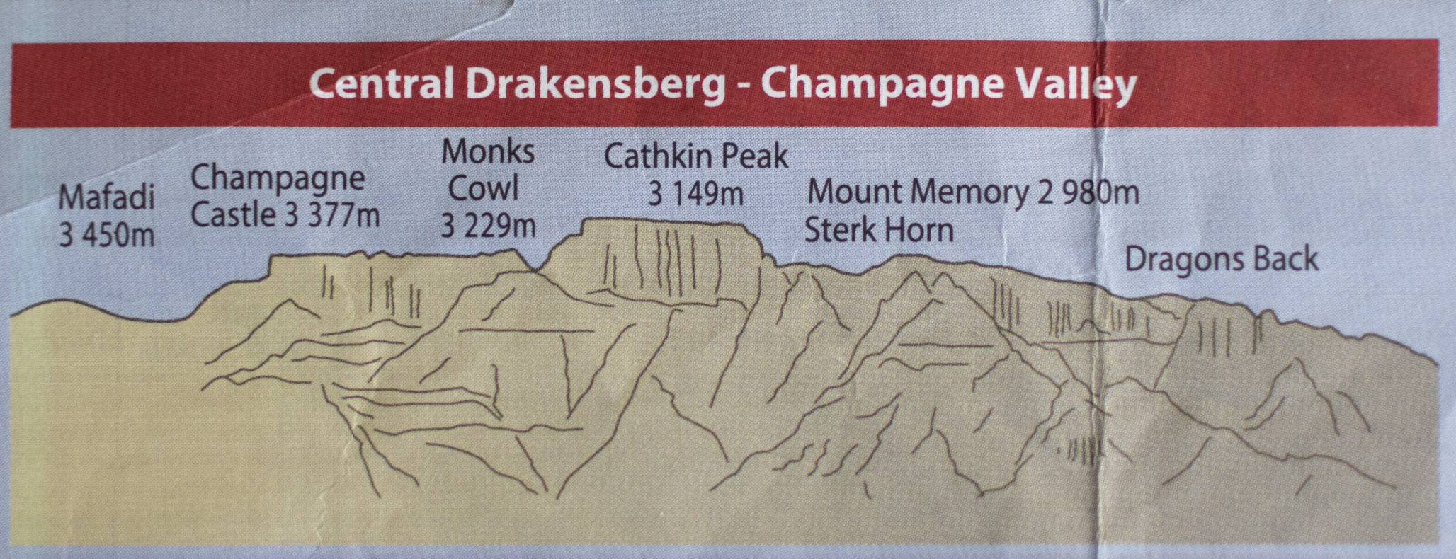 Carte schématique des montagens du centre du Drakensberg en Afrique du Sud