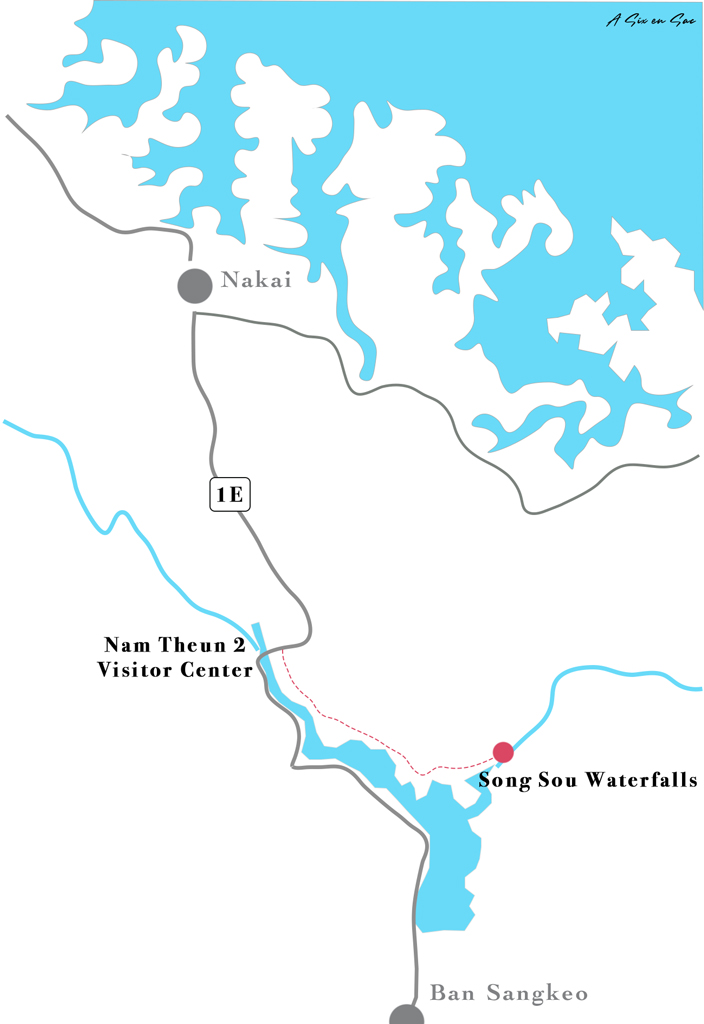 carte détaillée accès à la cascade de Song Sou sur la boucle de Thakhek