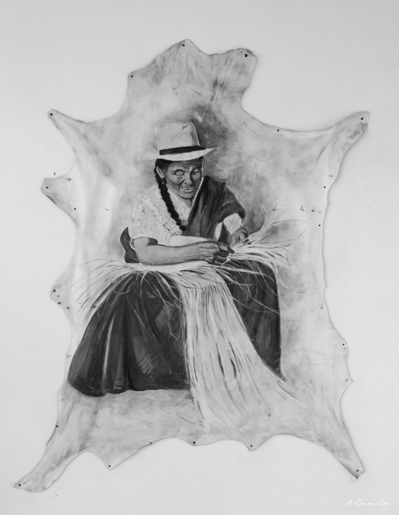 représentation sur peau d'une femme tissant un sombrero à Cuenca en Equateur