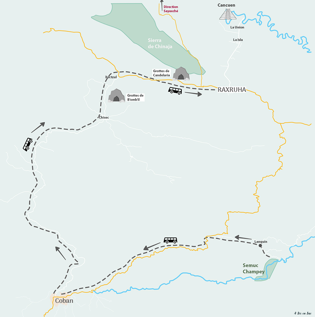 carte de notre itinéraire pour rejoindre Raxruha ( porte d'entrée pour accéder à la citée maya de Cancuen )