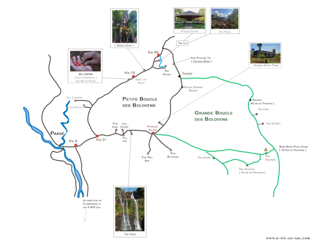carte détaillée des boucles du plateau des Bolovens Laos